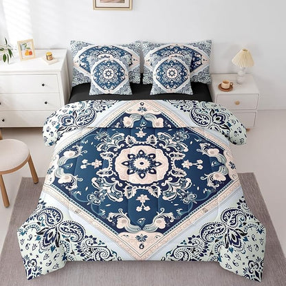 Oriental Twin Comforter Set 7-Piece Vintage Bedding Comforter Sets, Art Deco Floral Bed in a Bag Traditional Aesthetic Bedding Set Boho Tribal Bed Sheets Set, Hippie Mandala Paisley Decor Navy
