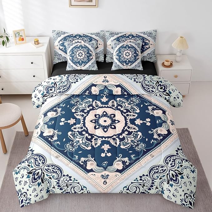 Erosebridal Oriental Queen Size Comforter Set Vintage Bedding Comforter Sets, Art Deco Floral Bed in a Bag 7pcs Traditional Aesthetic Bedding Set Boho Tribal Bed Set, Hippie Mandala Paisley Decor Navy