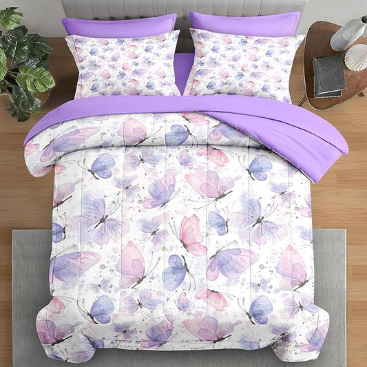 Comforter Set Twin Size, Cute Lilac Pink 5 Pcs Bedding for Kids and Adults, Butterfly Purple Bed Sheet Sets with Fitted Sheet Pillowcase & Sham for Bedroom Bed Decor