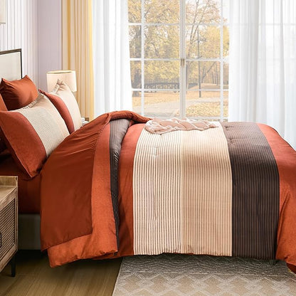 Anibedding Terracotta Queen Comforter Set 7 Pieces, Burnt Orange Bedding Comforter Set for All Season, Patchwork Striped Bed in a Bag with Sheets