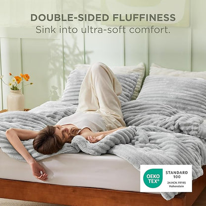Bedsure Queen Comforter Set - GentleSoft™ 3 Pieces Fluffy Double-Side Fleece Comforter Set, Cozy Striped Room Decor Aesthetic, Luxury Light Grey Bedding Queen Size with 2 Pillowcases, 90x90 Inches