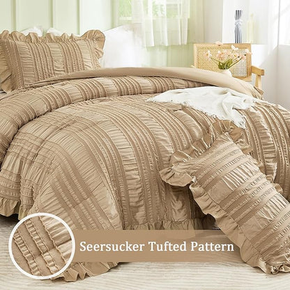 WONGS BEDDING Khaki Comforter Set King,3 Pieces Ruffle Farmhouse Shabby Chic Comforter for King Bed,Soft Textured Boho Bedding Set with 1 Ruffle Comforter,2 Tufted Pillowcases 104"×90"