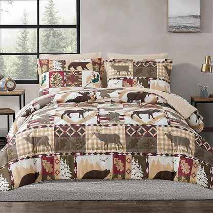 Comforter Set Queen Size Plaid Patchwork Comforter Bedding-7 Piece Bed in a Bag,Soft Reversible Bear Moose Microfiber Bedding Set(1 Comforter,1 Flat Sheet,1 Fitted Sheet,2 Pillowcases,2 Pillow Shams)