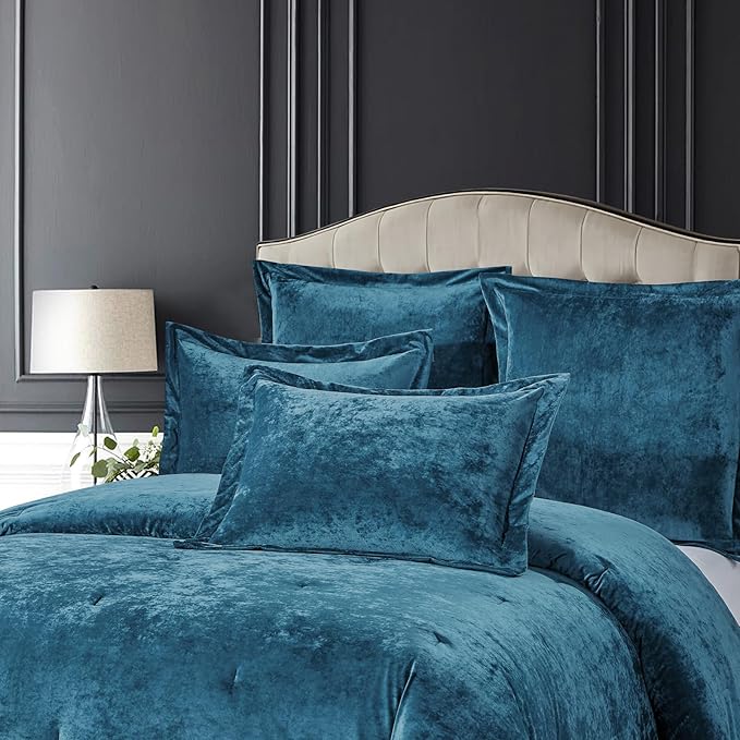 Sunshine Nicole Distressed Velvet Comforter Set, Distressed Velvet Face and Brushed Solid Microfiber Reverse, with Light Weight Soft Poly Fill, 5 Pieces Teal, Queen