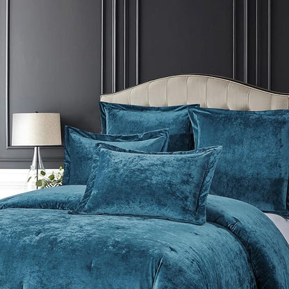 Sunshine Nicole Distressed Velvet Comforter Set, Distressed Velvet Face and Brushed Solid Microfiber Reverse, with Light Weight Soft Poly Fill, 5 Pieces Teal, Queen