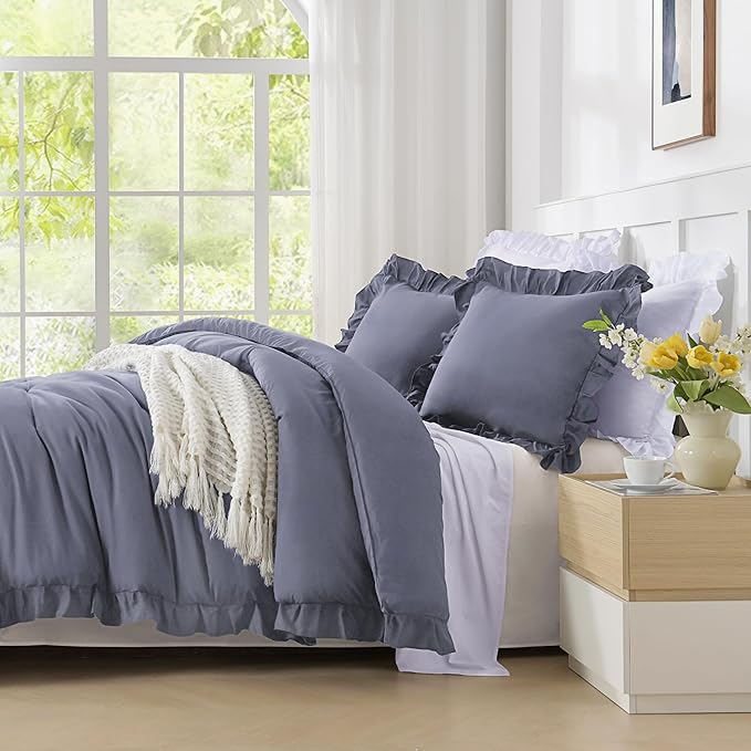 Andency Dark Blue Grey King Size Comforter Set, 3 Pieces Solid Farmhouse Shabby Chic Bedding Comforters & Sets, All Season Western Rustic Soft Down Alternative Bed Set for Adult Men Women