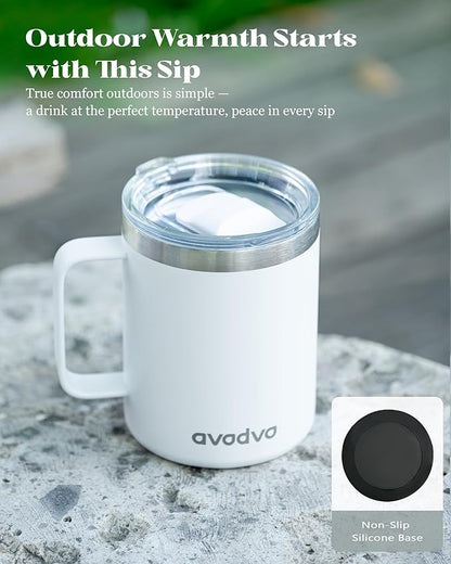 12oz Insulated Coffee Mug with Lid – Includes Two Lids, Stainless Steel Coffee Travel Mug with Handle, Double Wall Vacuum Insulated Camping Mug for Home, Office & Outdoor, White