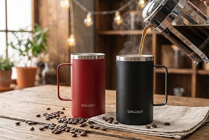 CHILLOUT LIFE Stainless Steel 20 oz Vacuum Insulated Coffee Mug with Handle and Lid, Large Thermal Camping Coffee Mug Cup with Durable Sliding Lid for Men & Women, Keeps your Beverages Hot/Cold