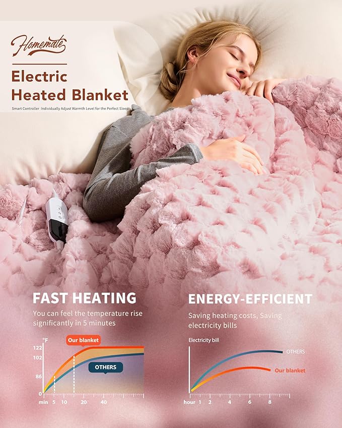 Homemate Heated Blanket Electric Throw - 50"x60" Heating Blanket Throw 4 Hours Auto-Off 10 Heat Levels Over-Heat Protection Luxury 800 GSM Faux Fur 200 GSM Sherpa ETL Certification