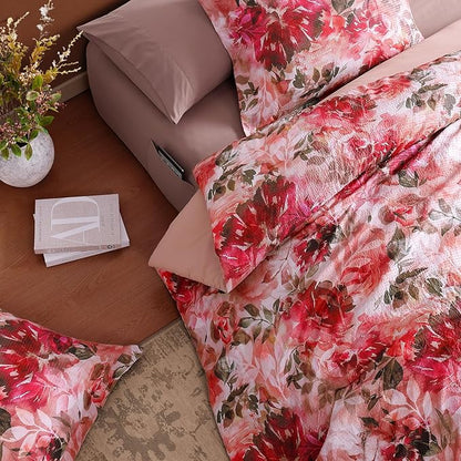 CASAAGUSTO Full Comforter Set, 7 PCS Red Rose Floral Comforter Set with Flowers Leaves Pattern, Soft Seersucker Design All Season Full Size Bedding Set(80"X90")