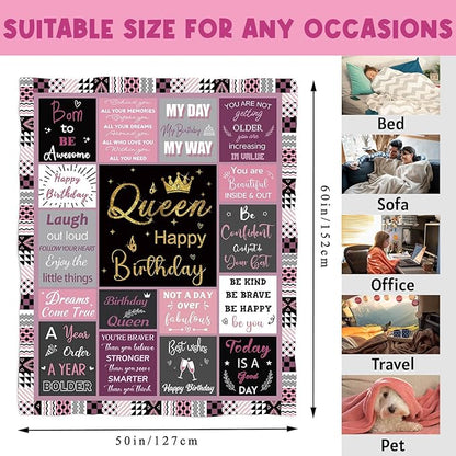 Queen Birthday Gifts for Women, Birthday Blanket with Gift Box for Women, Gifts for A Birthday, Happy Birthday Decorations Gift Ideas for Her, Birthday Gifts Throw Blanket 60"x50"