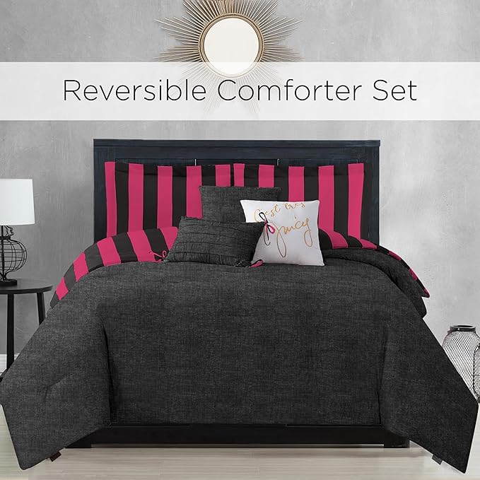 Juicy Couture Cabana Stripe Reversible Bedding Set - Queen/Full Size - Black and Hot Pink Stripe Print – 6 Piece Set – Includes 1 90" x 90" Comforter, 3 Decorative Pillows, 2 Shams
