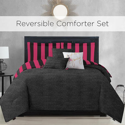 Juicy Couture Cabana Stripe Reversible Bedding Set - Twin/Twin XL Size - Black and Hot Pink Stripe Print - 5 Piece Set - Includes 1 66" x 90" Comforter, 3 Decorative Pillows, 1 Sham