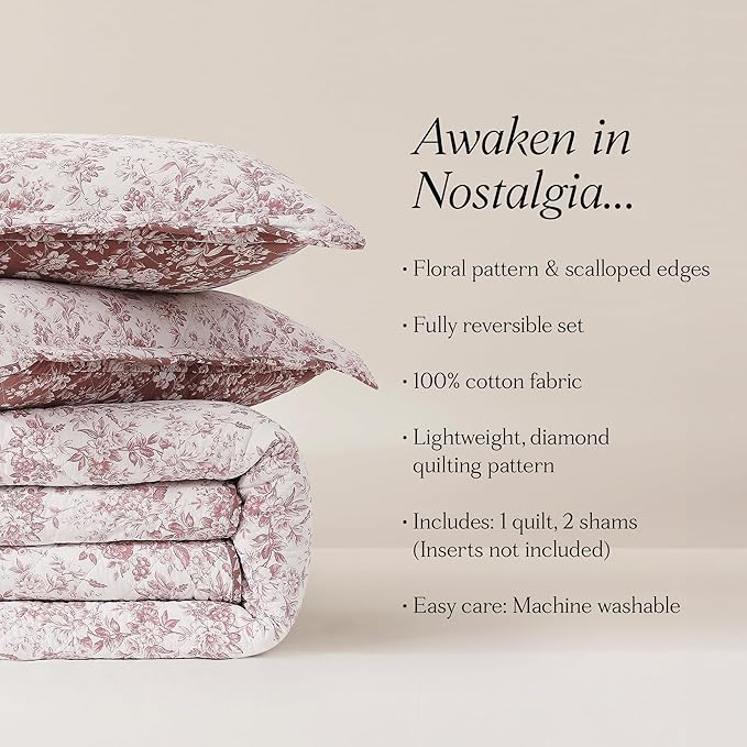 Lush Decor Peony Toile Reversible Cotton Quilt 3 Piece Set Full/Queen Rosewood - Floral Quilt - Pink Bedding Set - Scalloped Edge - Coquette Decor