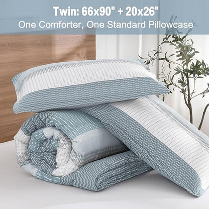 Litanika Light Blue Comforter Twin/Twin XL Size Set, 2 Pieces Bedding Set, Single Blue White Colorblock Striped Bed Set (66x90In Comforter & 1 Pillowcase)