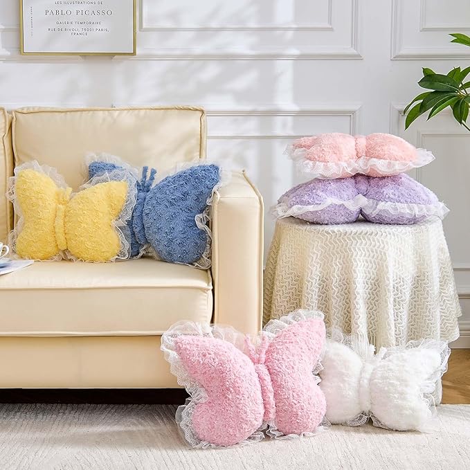 Butterfly Pillow White Decorative Pillows 20" Butterfly Shaped Cute Throw Pillows with Lace Aesthetic Bow Plush Cushion for Room Decor Bed Sofa Couch