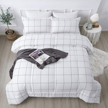 Andency White Grid Comforter Set King(104x90Inch), 3 Pieces (1 Plaid Comforter and 2 Pillowcases) White Plaid Comforter Set, Lightweight Microfiber Gingham Geometric Comforter Bedding Set