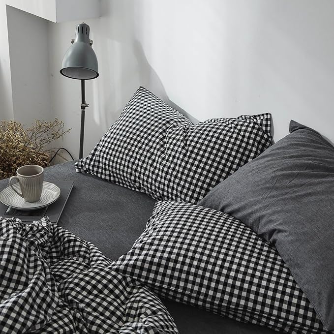 mixinni Black Gingham Comforter Set Queen, Plaid Comforter Set 3 Pieces 1 Black Grid Comfoter with 2 Pillow Cases for All Seasons, Soft Fluffy Modern Grid Pattern Printed Bedding-Queen Size