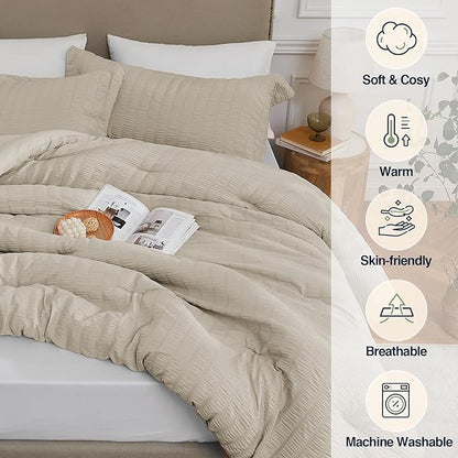 Oatmeal Full Comforter Set - 3 Pieces Seersucker Lightweight Bedding Comforter Sets (1 Soft Fluffy Comforter & 2 Pillowcases) - All Seasons Cozy Modern Bed Sets