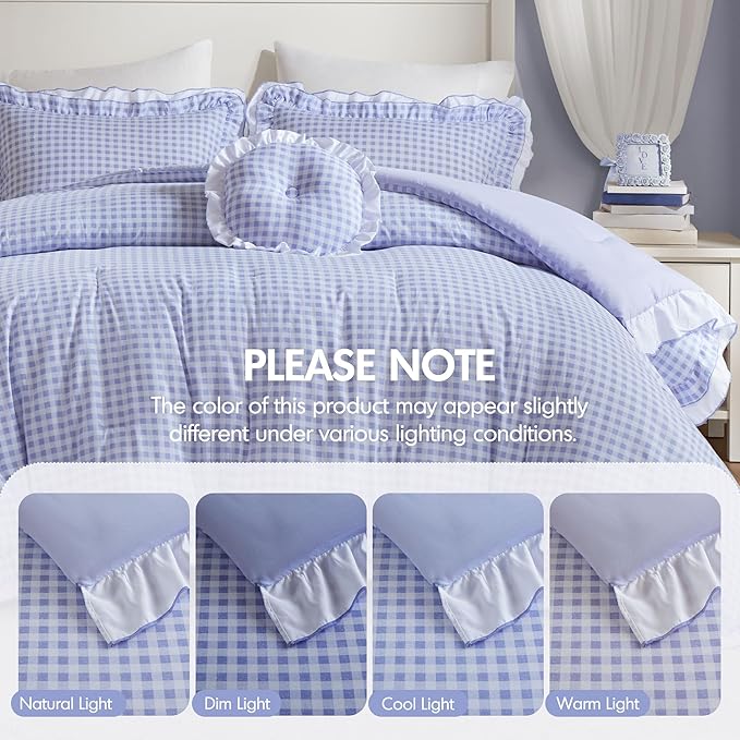 Intelligent Design Rowena Full Comforter Set – Blue Gingham Ruffled Bedding, Vintage Farmhouse Style, Reversible All Season 4-Piece Bedding Set, Full/Queen, Gift for Her