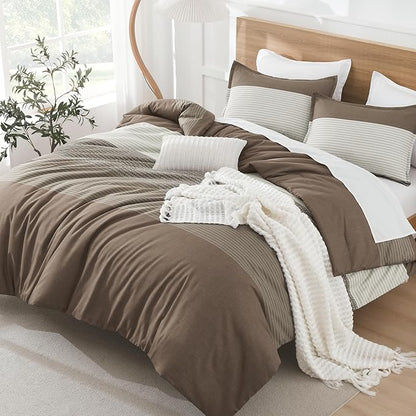 Litanika Comforter Set Queen Size Coffee - 3 Pieces Lightweight Colorblock Stripe Fluffy Bedding Comforter Sets, All Season Bed Set