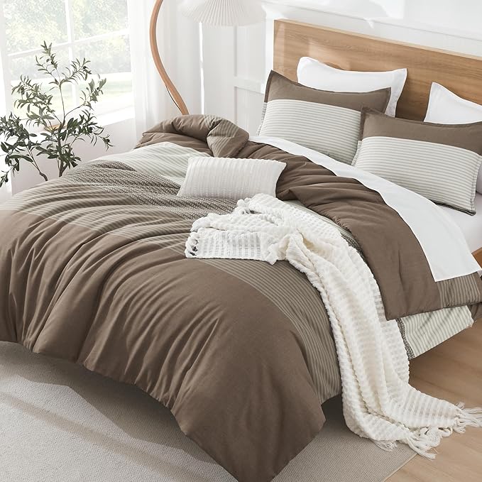 Litanika Comforter Set King Size Coffee - 3 Pieces Lightweight Colorblock Stripe Fluffy Bedding Comforter Sets, All Season Bed Set