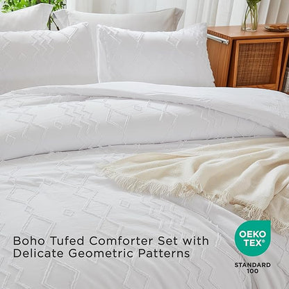 Andency Queen Comforter Set White, 3 Pieces Boho Textured Fall Farmhouse Bed, Microfiber Down Alternative Geometric Bedding Set (90x90Inch Comforter, 2 Pillowcases)