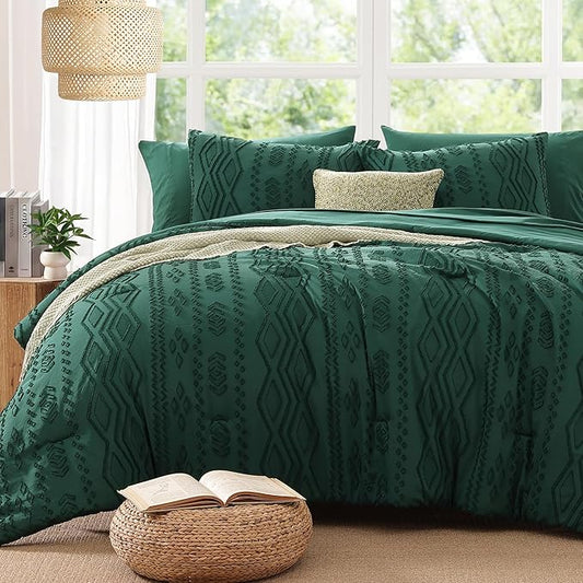 Full Size Comforter Set Emerald Green, Tufted Boho Bedding Dark Green Farmhouse Bed Set, All Season 7 Pieces Bed in a Bag with Sheets, Pillowcases & Shams