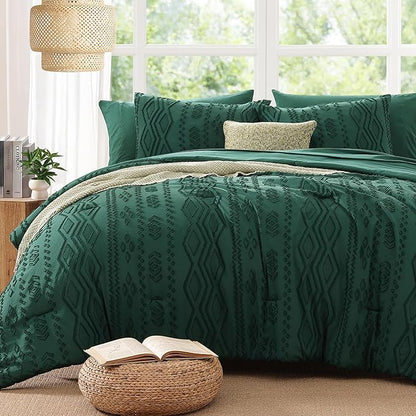 Queen Comforter Set Emerald Green, Tufted Boho Bedding Farmhouse Dark Green Bed Set, All Season 7 Pieces Bed in a Bag with Sheets, Pillowcases & Shams