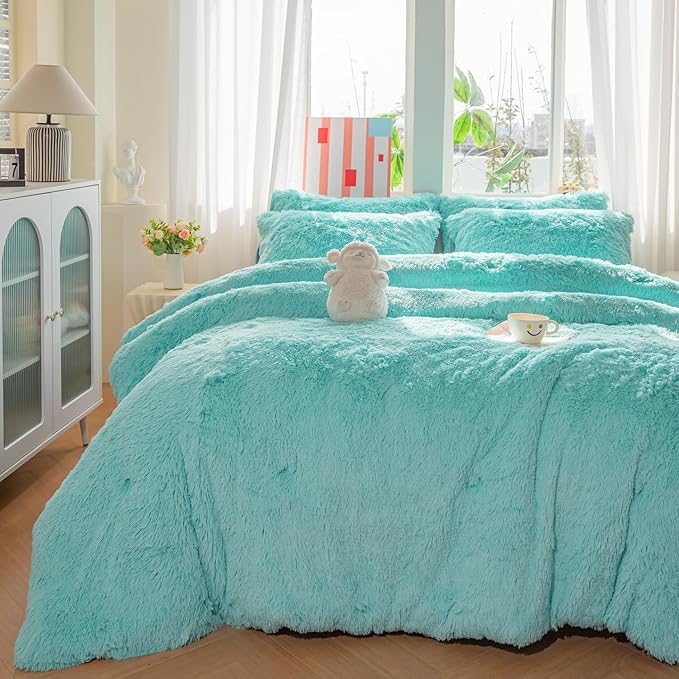 chovy Faux Fur Plush Sky Blue Comforter Sets Twin - Ultra Soft Shaggy Flannel Velvet Fluffy Fuzzy 3PC Bedding Set （Comforter x 1 Pillowcases x 2）