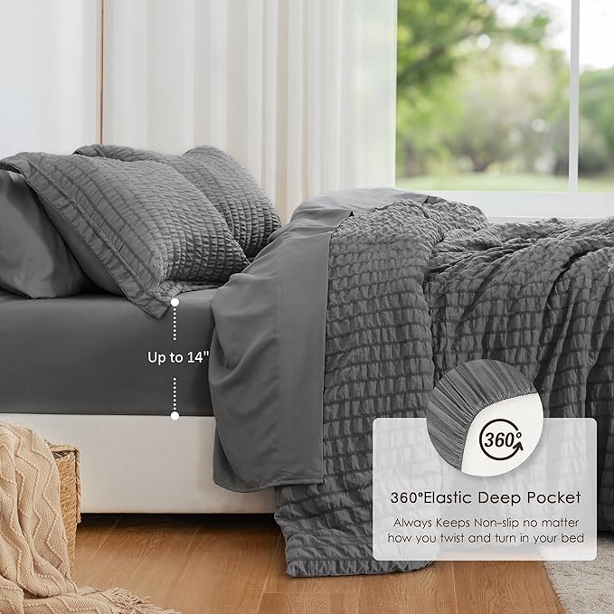 Love's cabin Seersucker Dark Grey Queen Comforter Set, 7-Piece All Season Lightweight Bed in a Bag Bedding Set with Comforter, Flat Sheet, Fitted Sheet, Pillowcases and Shams | Soft, Breathable, Lightweight