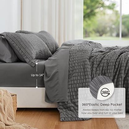 Love's cabin Seersucker Dark Grey California King Comforter Set, 7 Pieces California King Bed in a Bag, All Season Bedding Sets with Comforter, Flat Sheet, Fitted Sheet, Pillowcase and Pillow Sham | Soft, Breathable, Lightweight
