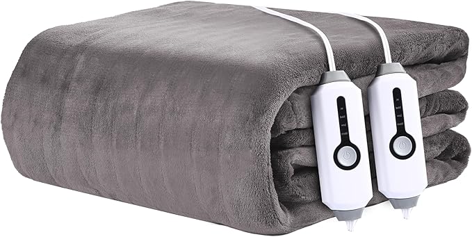 Electric Heated Blanket 84"x90" Queen Size - 4 Heat Settings & Dual Controllers, 10H Auto Shut Off, Ultra-Soft Coral Fleece Heated Blanket with Overheat Protection, Cozy and Comfortable, Light Grey