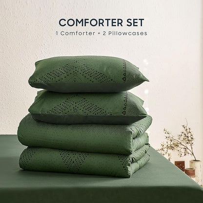Wake In Cloud - Boho Comforter Set, Farmhouse Bohemian Western Aztec Neutral Aesthetic, Soft Lightweight Bedding, 3 Pieces, Dark Olive Green, Full Size