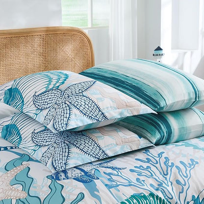 WONGS BEDDING Coastal King Size Comforter,7 Pieces Beach Nautical Themed Bed in a Bag Bedding Set,Ocean Coral Seashell Pattern Soft Warm Comforters for All Season, 104"x90"