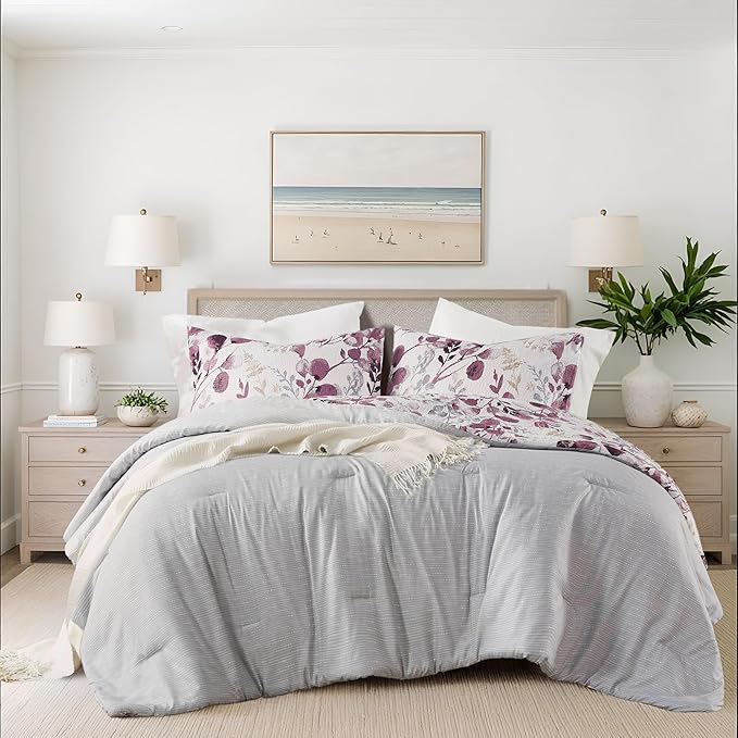 Lightweight Seersucker Botanical Comforter Set King Size, 3 Pieces Reversible Design with Striped Print, Premium Microfiber Bedding Set, Comforter and Sham Set, Plum/Grey