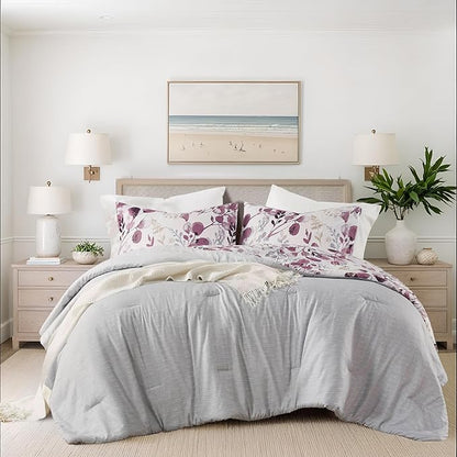 Lightweight Seersucker Botanical Comforter Set King Size, 3 Pieces Reversible Design with Striped Print, Premium Microfiber Bedding Set, Comforter and Sham Set, Plum/Grey