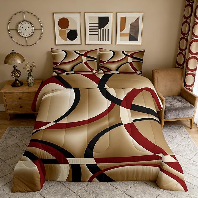 Black Red Brown Abstract Stripes Full Size Comforter Set Geometric Circle Bedding Set for Kids Adults Teens Modern Retro Comforter Luxury Geometric Quilt Set Room Decor 3Pcs