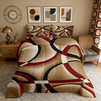 Black Red Brown Abstract Stripes Full Size Comforter Set Geometric Circle Bedding Set for Kids Adults Teens Modern Retro Comforter Luxury Geometric Quilt Set Room Decor 3Pcs