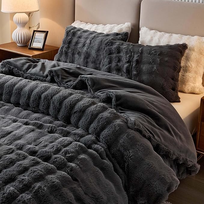 King Faux Rabbit Fur Comforter Set - 3 Pieces Fluffy Bedding Set Ultra Soft Warm Shaggy Winter Flannel Bed Set, Luxury Skin Friendly Sherpa Comforter Set & 2 Pillow Shams for Thanksgiving Dark Gray