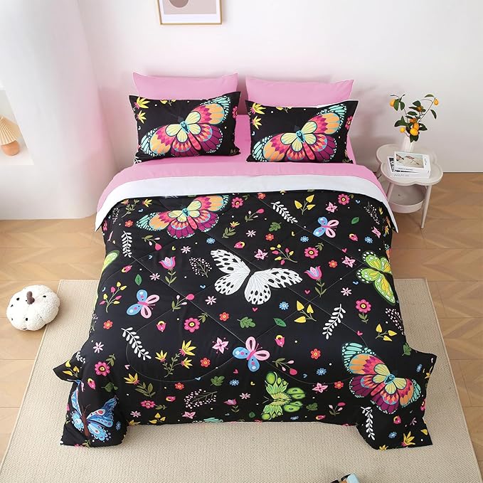 Kids Butterfly Comforter Set Full Size for Girls Colorful Flowers Leaves Bedding Set for Teens Black 7 Piece Bed in A Bag Super Soft All Season
