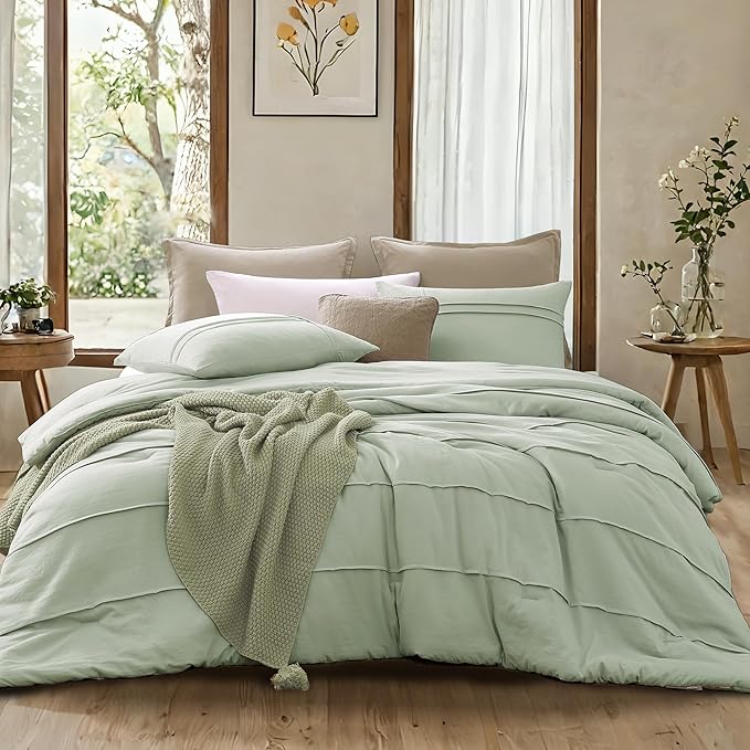 Boho King Size Comforter Set, Sage Green King Size Bed Set 3 Piece, Pinch Pleat King Bedding Set and Green Fluffy Comforter Sets for Bedroom
