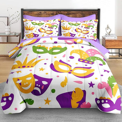 Comforter Set Full Size, Happy Purple Gold Mask 7 Pcs Bedding for Kids and Adults, Mardi Carnival Party Bed Sheet Sets with Fitted Sheet 2 Pillowcases & 2 Shams for Bedroom Bed Decor