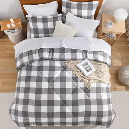 Andency Plaid Comforter Twin XL(68x92Inch), Gray White Checkered Gingham Buffalo Grid Bed Set for Students Boys Kids Teens, 2 Pieces Lightweight Microfiber Geometric Dorm Bedding