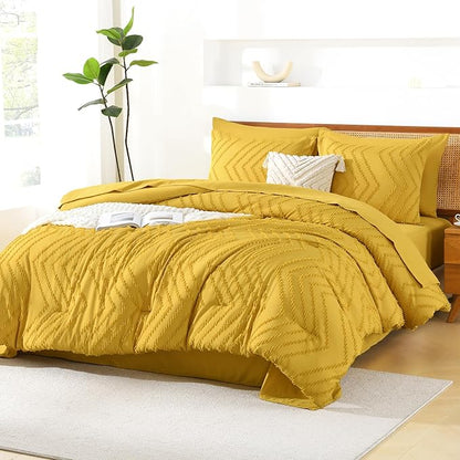 Litanika California King Size Comforter Set with Sheets Mustard Yellow - 7 Pieces Bed in a Bag Cal King Chevron Tufted Complete Bedding Sets with Comforter, Sheets, Pillowcases & Shams