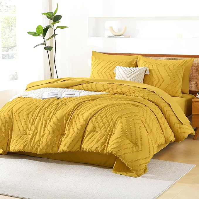 Litanika Queen Size Comforter Set with Sheets Mustard Yellow - 7 Pieces Bed in a Bag Queen Chevron Tufted Complete Bedding Sets with Comforter, Sheets, Pillowcases & Shams
