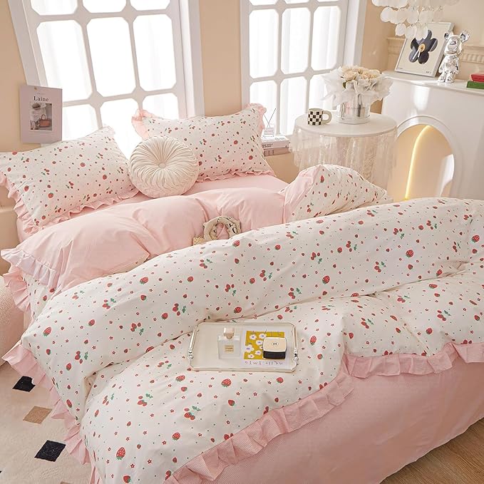 MKXI Strawberry Print Comforter Set - Pink and White Ruffled Bedding with Floral Accents, Soft Microfiber, 3-Piece Full Size, Lightweight and Cozy for Kids, Teens, and Adults
