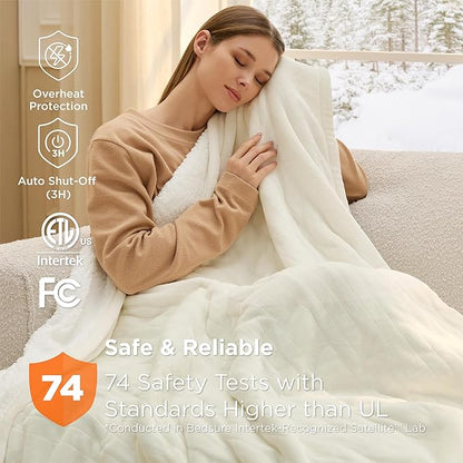 Bedsure Heated Blanket Throw Blanket - Fast Heating Electric Blanket, Soft Flannel Heated Throw with 4 Time Settings, 6 Heating Settings, Warm Gifts for Grandma (50x60 inches, Ivory)