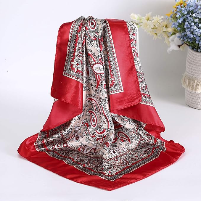 AWAYTR 35” Satin Large Square Head Scarves - 4PCS Silk Like Neck Scarf Hair Sleeping Wraps Satin Silk Scarfs for Women