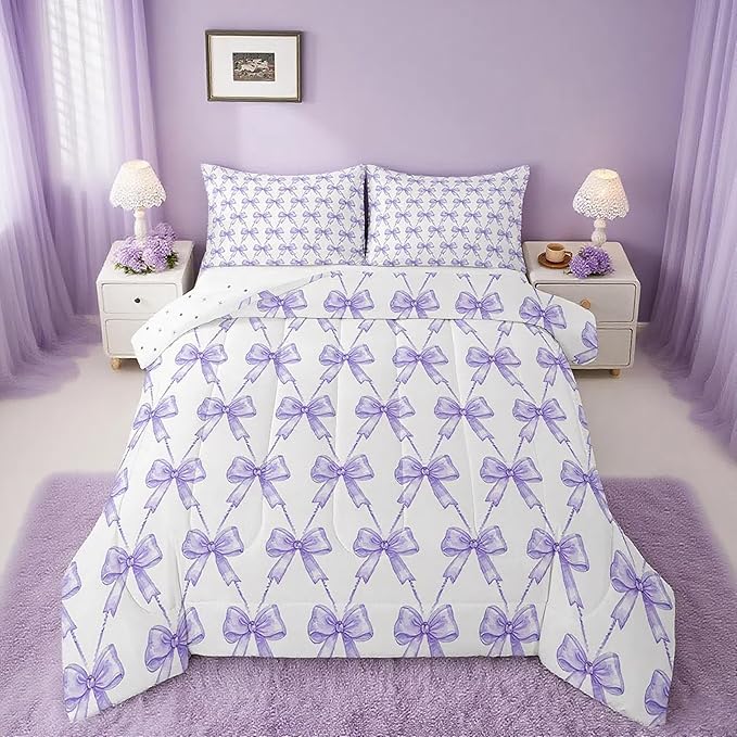 Feelyou Purple Bow Comforter Set Queen Size Cute Bowknot Bedding Set Boys Girls Kawaii Comforter for Kids Women Men Bow and Stripes Duvet Set 3Pcs